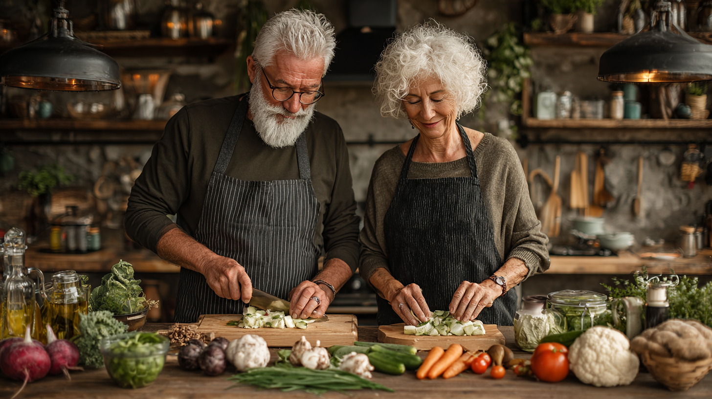 Adulți maturi savurând o masă sănătoasă și echilibrată într-un cadru plăcut
